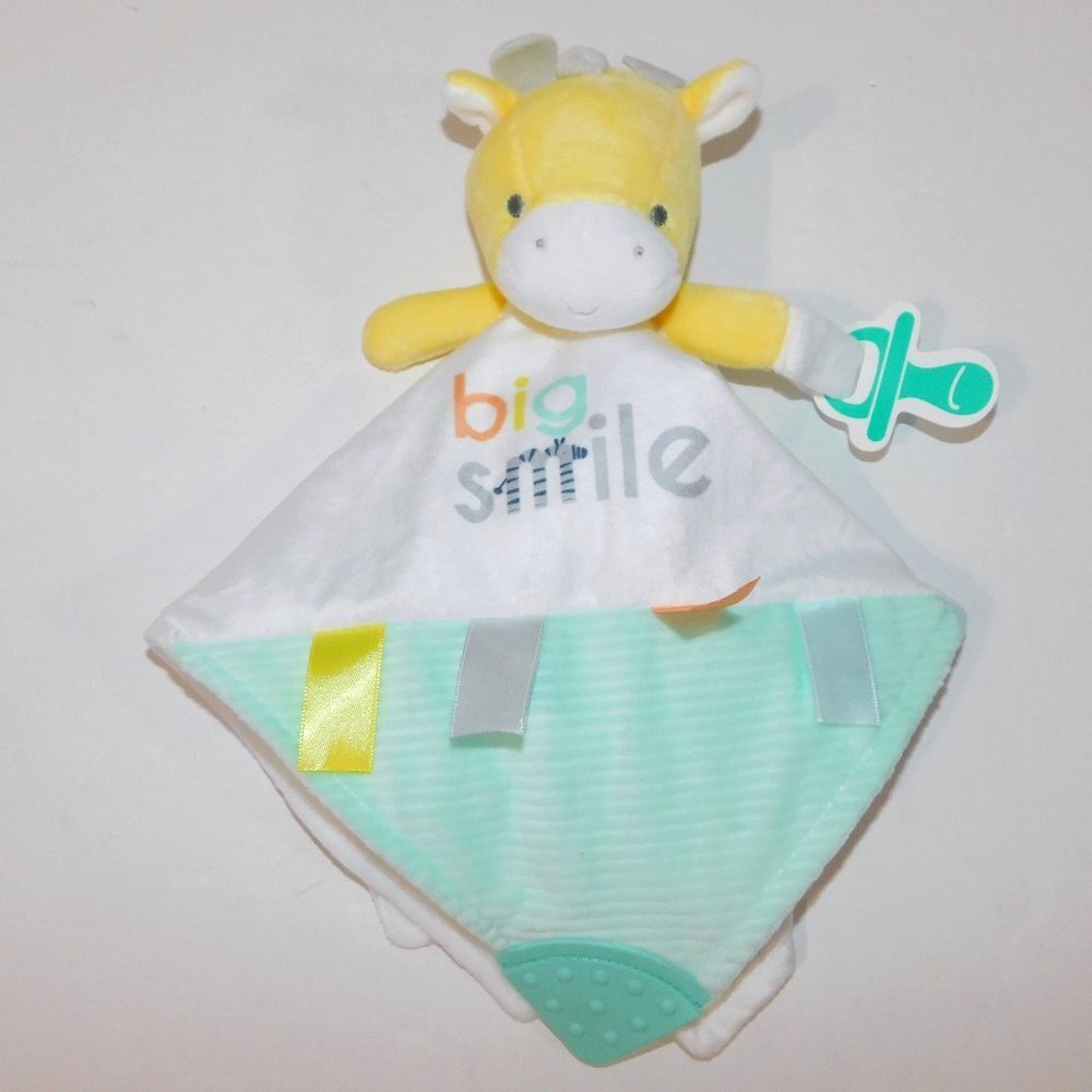 Carters Yellow Giraffe Rattle Pacifier Holder Security Blanket Big Smile NEW